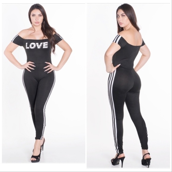 Off the shoulder black bodycon striped jumpsuit - Picture 5 of 9